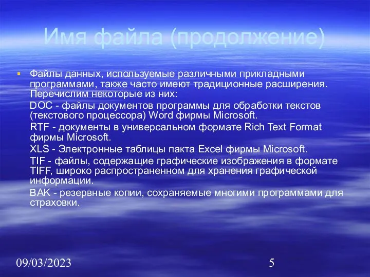 09/03/2023 Имя файла (продолжение) Файлы данных, используемые различными прикладными программами, также