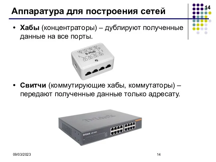 09/03/2023 Аппаратура для построения сетей Хабы (концентраторы) – дублируют полученные данные