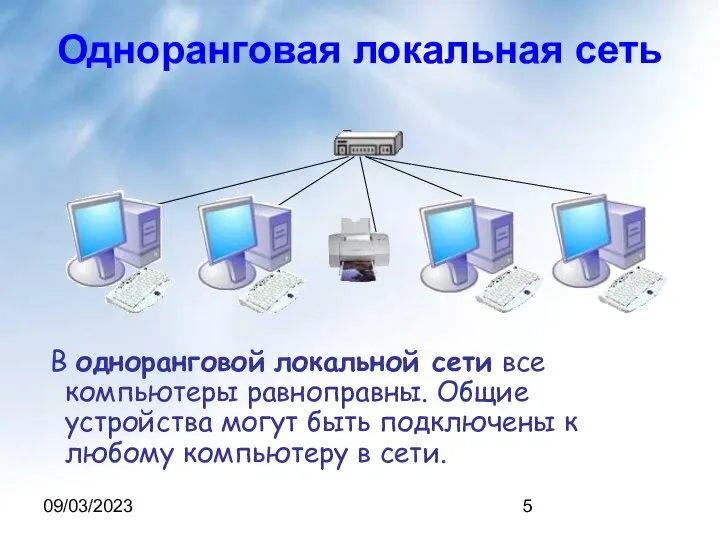 09/03/2023 Одноранговая локальная сеть В одноранговой локальной сети все компьютеры равноправны.