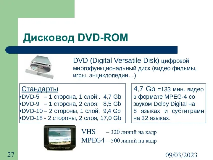 09/03/2023 Дисковод DVD-ROM DVD (Digital Versatile Disk) цифровой многофункциональный диск (видео