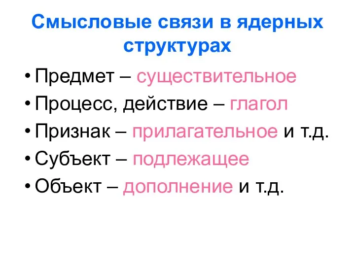 Смысловые связи в ядерных структурах Предмет – существительное Процесс, действие –