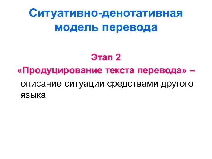 Ситуативно-денотативная модель перевода Этап 2 «Продуцирование текста перевода» – описание ситуации средствами другого языка