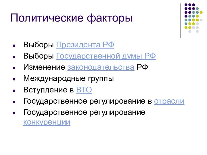 Политические факторы Выборы Президента РФ Выборы Государственной думы РФ Изменение законодательства