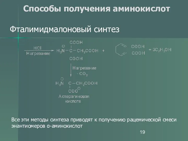 Способы получения аминокислот Фталимидмалоновый синтез Все эти методы синтеза приводят к получению рацемической смеси энантиомеров α-аминокислот