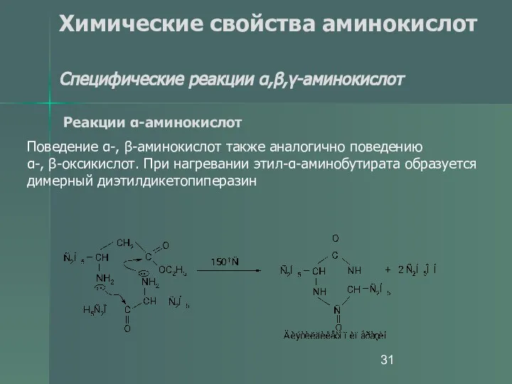 Химические свойства аминокислот Специфические реакции α,β,γ-аминокислот Реакции α-аминокислот Поведение α-, β-аминокислот