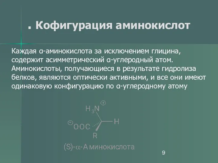 . Кофигурация аминокислот Каждая α-аминокислота за исключением глицина, содержит асимметрический α-углеродный