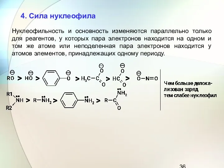 Нуклеофильность и основность изменяются параллельно только для реагентов, у которых пара