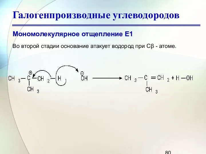 Галогенпроизводные углеводородов Мономолекулярное отщепление Е1 Во второй стадии основание атакует водород при Сβ - атоме.