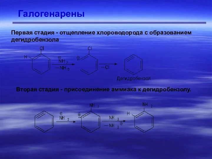 Галогенарены Первая стадия - отщепление хлороводорода с образованием дегидробензола Вторая стадия - присоединение аммиака к дегидробензолу.