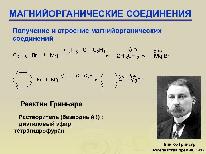 МАГНИЙОРГАНИЧЕСКИЕ СОЕДИНЕНИЯ Получение и строение магнийорганических соединений Реактив Гриньяра Растворитель (безводный !) : диэтиловый эфир, тетрагидрофуран