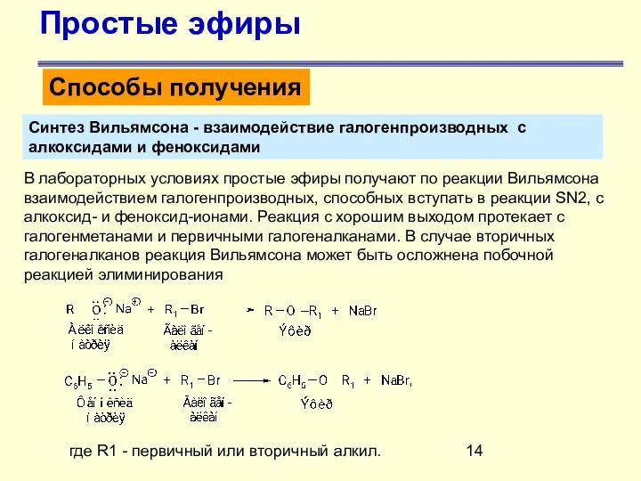 Простые эфиры Способы получения Синтез Вильямсона - взаимодействие галогенпроизводных с алкоксидами