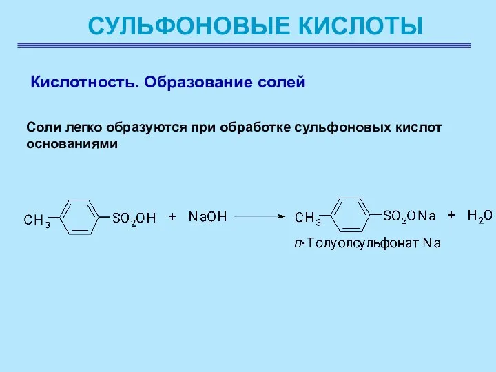 СУЛЬФОНОВЫЕ КИСЛОТЫ Кислотность. Образование солей Соли легко образуются при обработке сульфоновых кислот основаниями