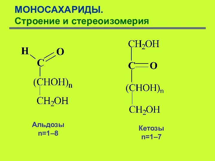 МОНОСАХАРИДЫ. Строение и стереоизомерия Альдозы n=1–8 Кетозы n=1–7