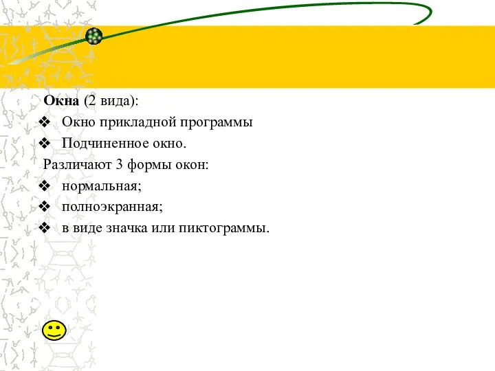 Окна (2 вида): Окно прикладной программы Подчиненное окно. Различают 3 формы