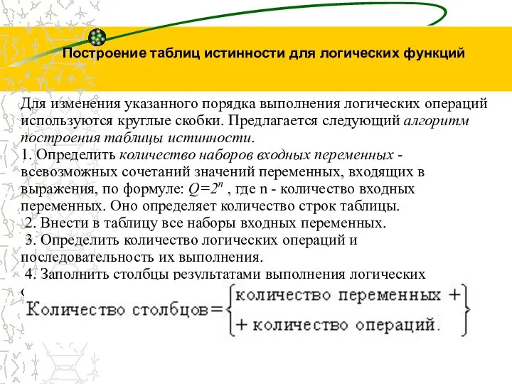 Построение таблиц истинности для логических функций Для изменения указанного порядка выполнения