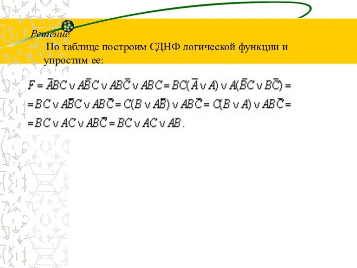 Решение По таблице построим СДНФ логической функции и упростим ее: