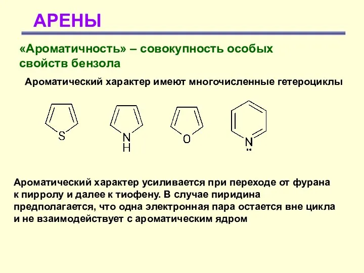 АРЕНЫ «Ароматичность» – совокупность особых свойств бензола Ароматический характер имеют многочисленные