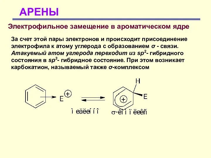 АРЕНЫ Электрофильное замещение в ароматическом ядре За счет этой пары электронов