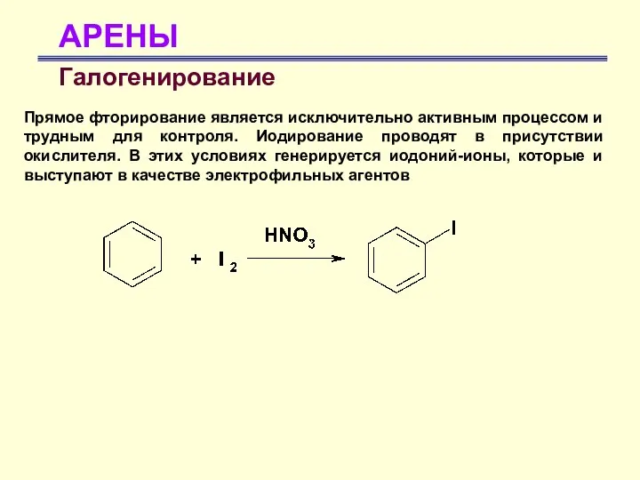 АРЕНЫ Галогенирование Прямое фторирование является исключительно активным процессом и трудным для