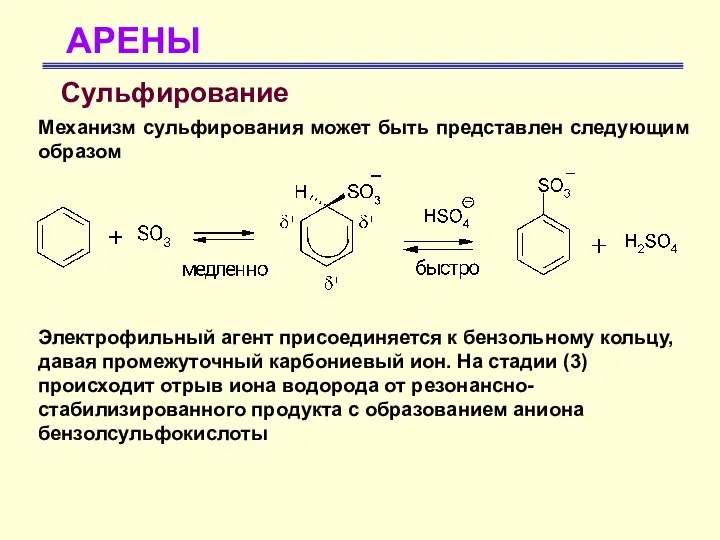 АРЕНЫ Сульфирование Механизм сульфирования может быть представлен следующим образом Электрофильный агент