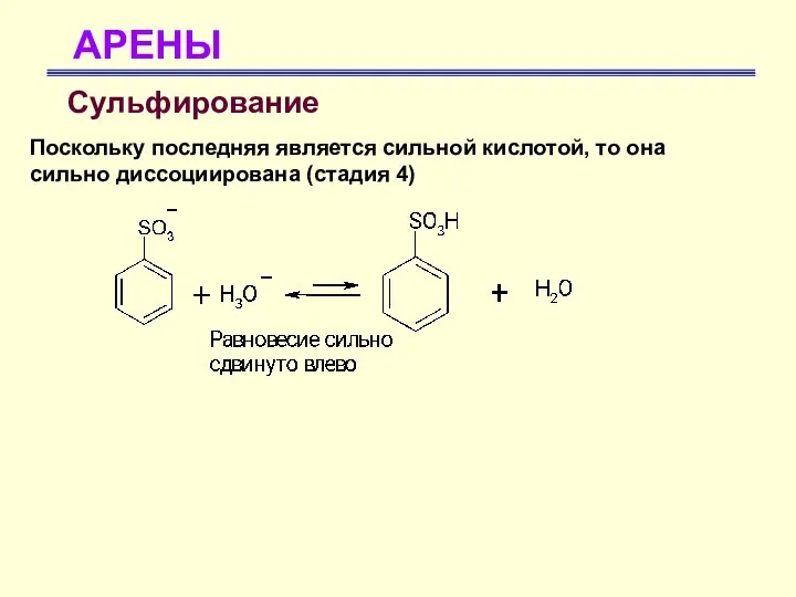 АРЕНЫ Сульфирование Поскольку последняя является сильной кислотой, то она сильно диссоциирована (стадия 4)