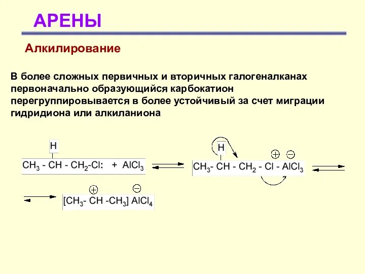 АРЕНЫ Алкилирование В более сложных первичных и вторичных галогеналканах первоначально образующийся