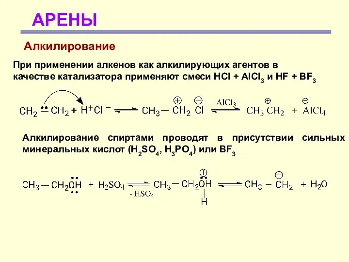 АРЕНЫ Алкилирование При применении алкенов как алкилирующих агентов в качестве катализатора