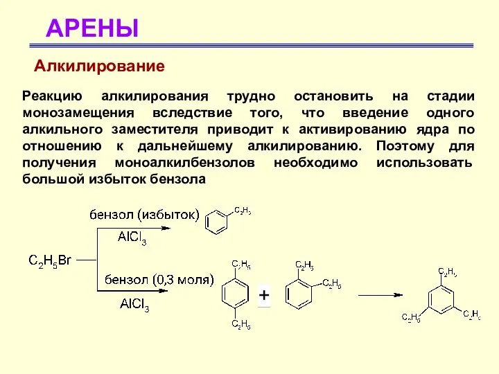 АРЕНЫ Алкилирование Реакцию алкилирования трудно остановить на стадии монозамещения вследствие того,