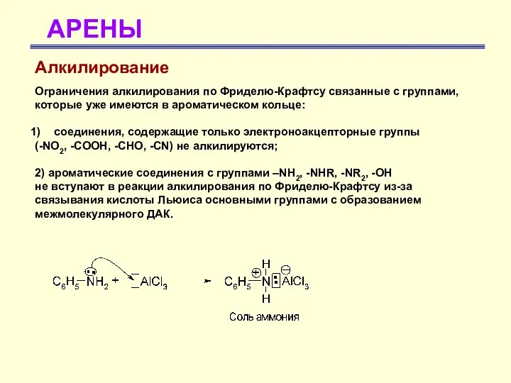 АРЕНЫ Алкилирование Ограничения алкилирования по Фриделю-Крафтсу связанные с группами, которые уже