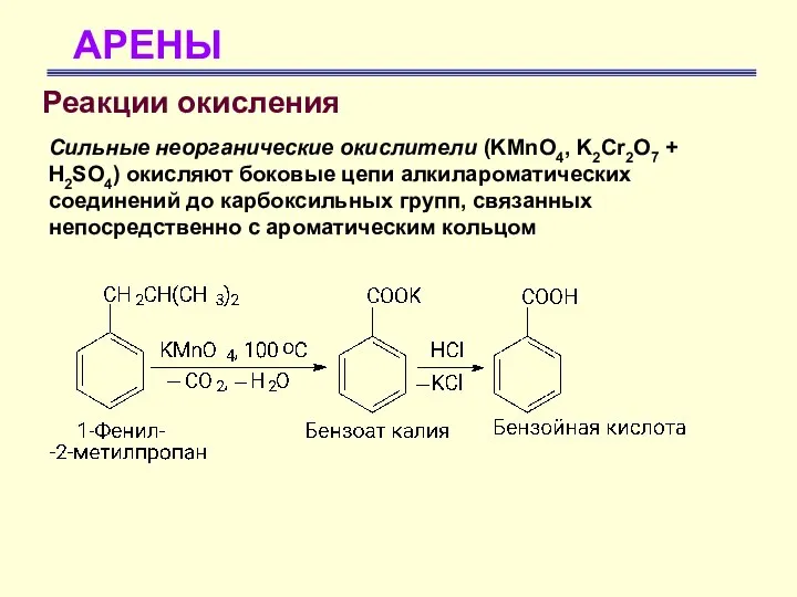 АРЕНЫ Реакции окисления Сильные неорганические окислители (KMnO4, K2Cr2O7 + H2SO4) окисляют