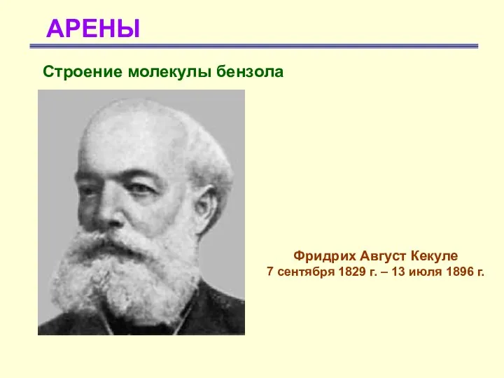 АРЕНЫ Строение молекулы бензола Фридрих Август Кекуле 7 сентября 1829 г. – 13 июля 1896 г.