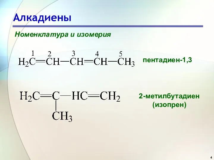 Алкадиены Номенклатура и изомерия пентадиен-1,3 2-метилбутадиен (изопрен)