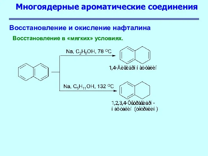 Многоядерные ароматические соединения Восстановление и окисление нафталина Восстановление в «мягких» условиях.