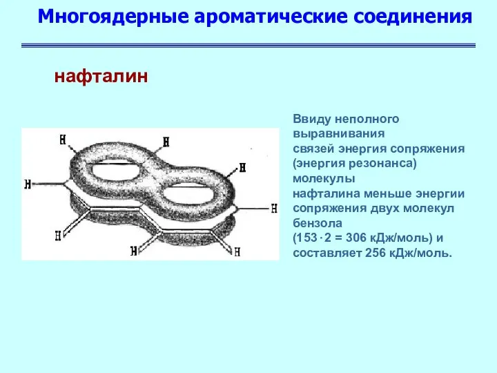 Многоядерные ароматические соединения Ввиду неполного выравнивания связей энергия сопряжения (энергия резонанса)