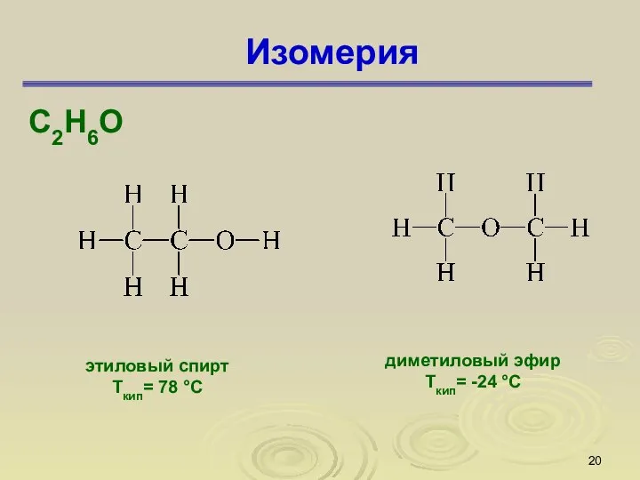 Изомерия С2Н6О этиловый спирт Ткип= 78 °С диметиловый эфир Ткип= -24 °С