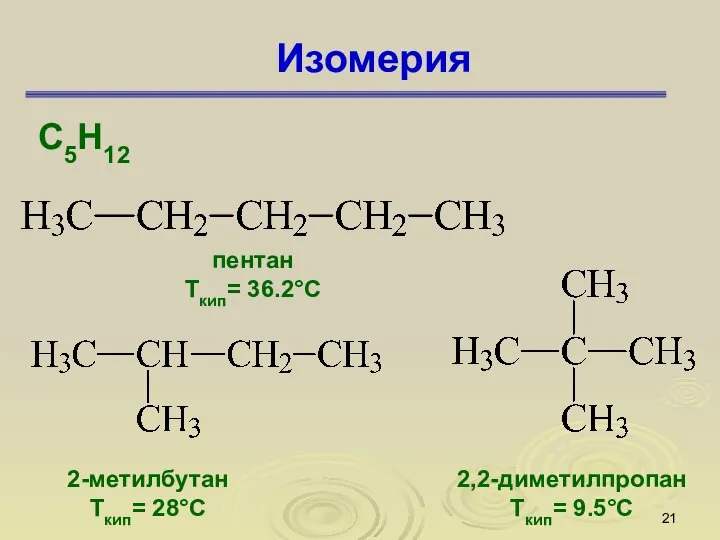 Изомерия С5Н12 пентан Ткип= 36.2°С 2-метилбутан Ткип= 28°С 2,2-диметилпропан Ткип= 9.5°С