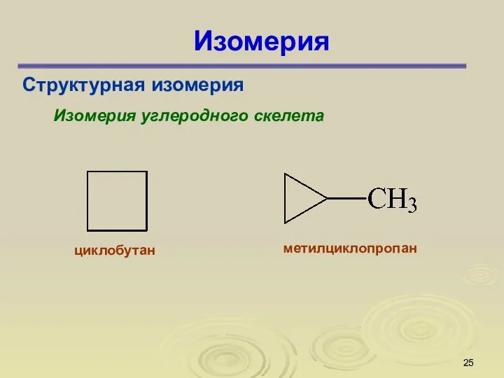 Изомерия Структурная изомерия Изомерия углеродного скелета циклобутан метилциклопропан