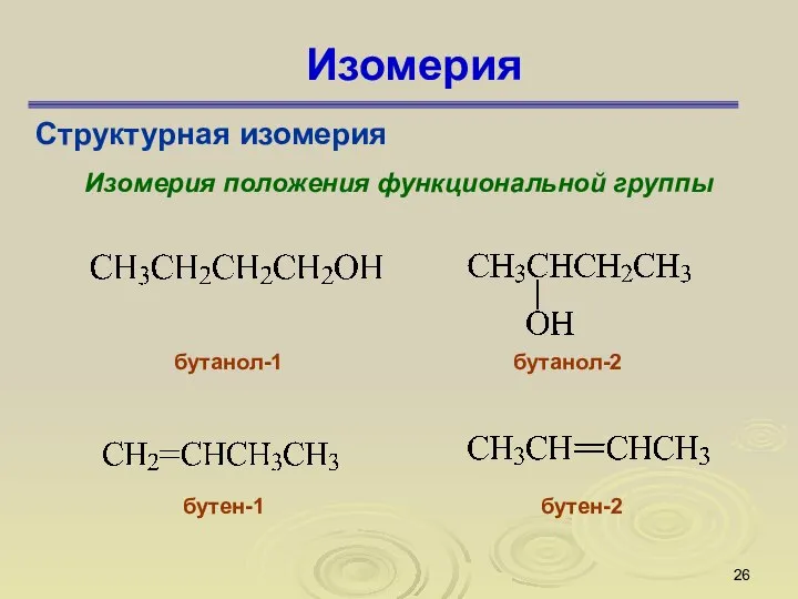 Изомерия Структурная изомерия Изомерия положения функциональной группы бутанол-1 бутанол-2 бутен-1 бутен-2