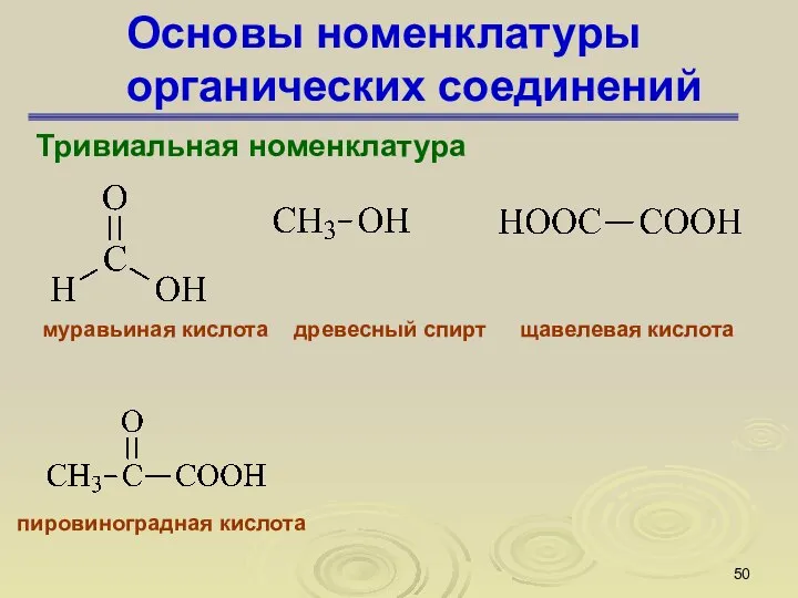 Основы номенклатуры органических соединений Тривиальная номенклатура муравьиная кислота древесный спирт щавелевая кислота пировиноградная кислота