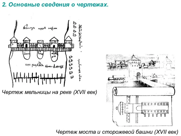 2. Основные сведения о чертежах. Чертеж мельницы на реке (XVII век)