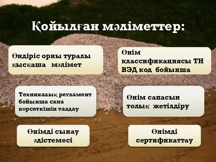 Қойылған мәліметтер: Техникалық регламент бойынша сапа көрсеткішін талдау Өнім сапасын толық