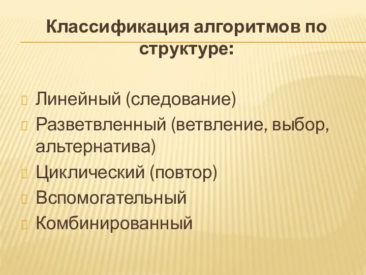 Классификация алгоритмов по структуре: Линейный (следование) Разветвленный (ветвление, выбор, альтернатива) Циклический (повтор) Вспомогательный Комбинированный