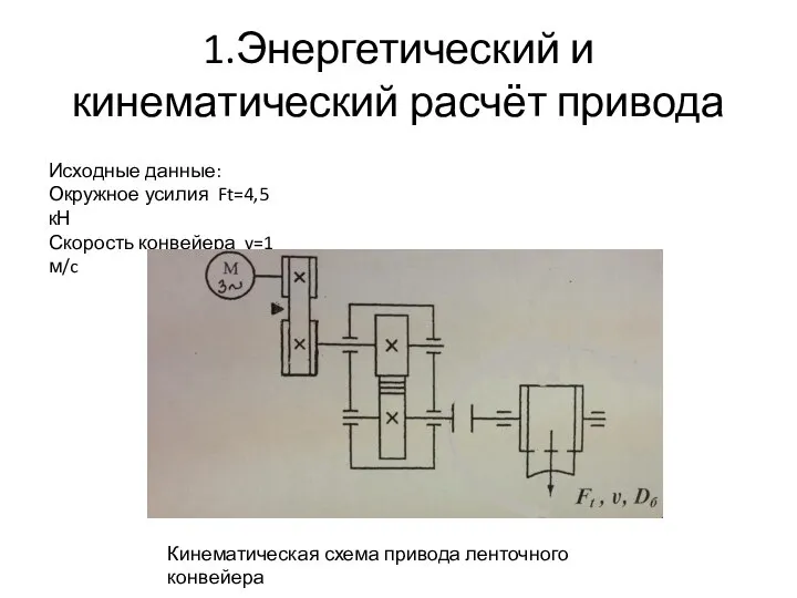 1.Энергетический и кинематический расчёт привода Исходные данные: Окружное усилия Ft=4,5 кН