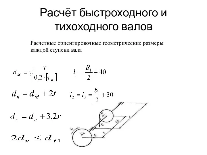 Расчёт быстроходного и тихоходного валов Расчетные ориентировочные геометрические размеры каждой ступени вала