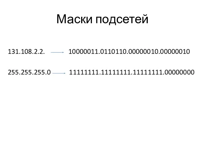 Маски подсетей 131.108.2.2. 10000011.0110110.00000010.00000010 255.255.255.0 11111111.11111111.11111111.00000000