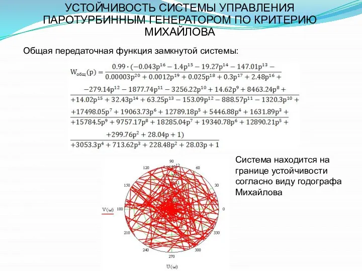 УСТОЙЧИВОСТЬ СИСТЕМЫ УПРАВЛЕНИЯ ПАРОТУРБИННЫМ ГЕНЕРАТОРОМ ПО КРИТЕРИЮ МИХАЙЛОВА Общая передаточная функция