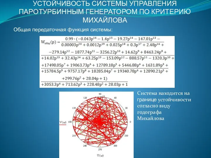 УСТОЙЧИВОСТЬ СИСТЕМЫ УПРАВЛЕНИЯ ПАРОТУРБИННЫМ ГЕНЕРАТОРОМ ПО КРИТЕРИЮ МИХАЙЛОВА Общая передаточная функция