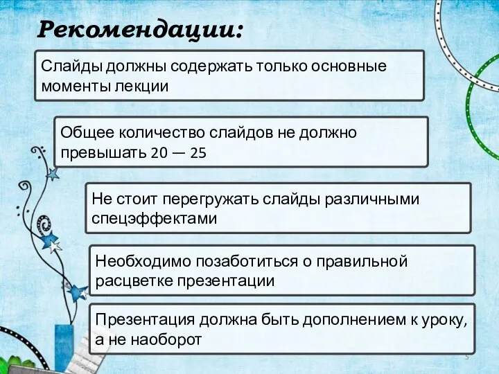 Рекомендации: Слайды должны содержать только основные моменты лекции Общее количество слайдов