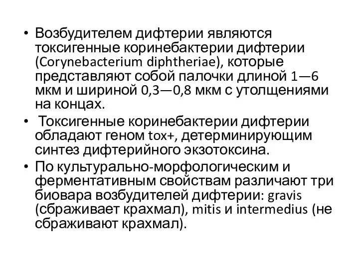 Возбудителем дифтерии являются токсигенные коринебактерии дифтерии (Corynebacterium diphtheriae), которые представляют собой