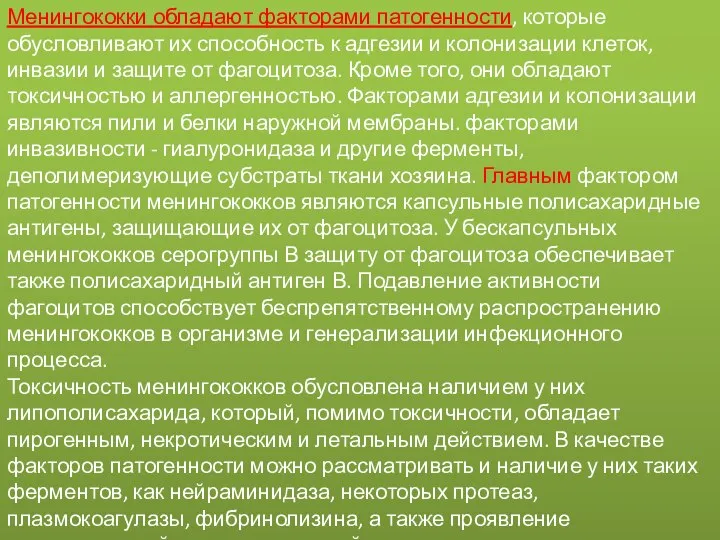 Менингококки обладают факторами патогенности, которые обусловливают их способность к адгезии и